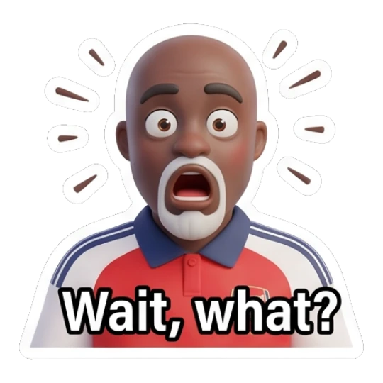Man looking shocked with wide eyes and mouth open with text Wait, what? Arsenal Fan Emotions sticker for expressive chats and social replies.