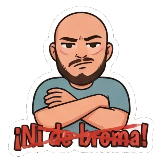 Bald man looking serious with arms crossed, text Ni de broma Bald Guy Daily Vibes sticker for expressive chats and social replies.