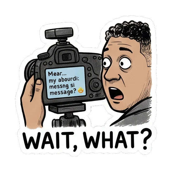 Photographer looking shocked at a camera screen saying Wait What Studio Life Guy sticker for expressive chats and social replies.