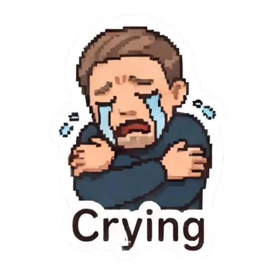 Sad man crying with blue tears streaming down. Pixel Guy Daily Vibes sticker for expressive chats and social replies.