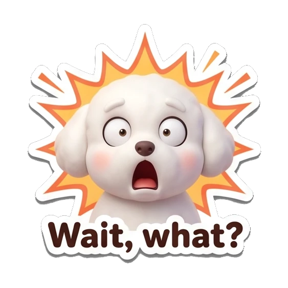 Bichon looking shocked with a burst background, Wait what text Bichon Buddy Daily Vibes sticker for expressive chats and social replies.