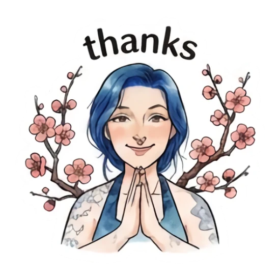 Blue-haired girl praying with cherry blossoms, text 'thanks' Blue-Haired Artist Daily sticker for expressive chats and social replies.