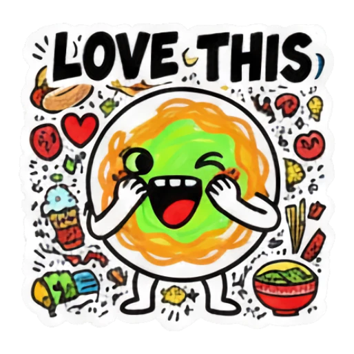 Circular food character winking with 'LOVE THIS' text Doodle Foodie Vibes sticker for expressive chats and social replies.