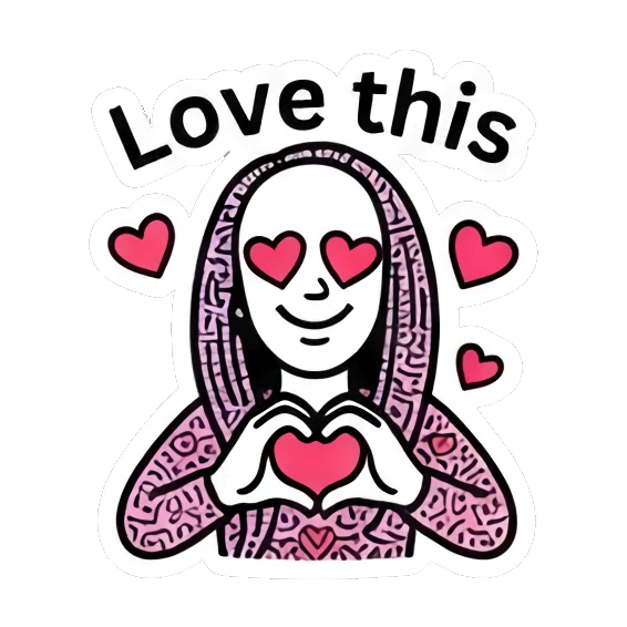 Girl making heart shape with hands and eyes as hearts with text Love this Keith Haring Style Girl sticker for expressive chats and social replies.