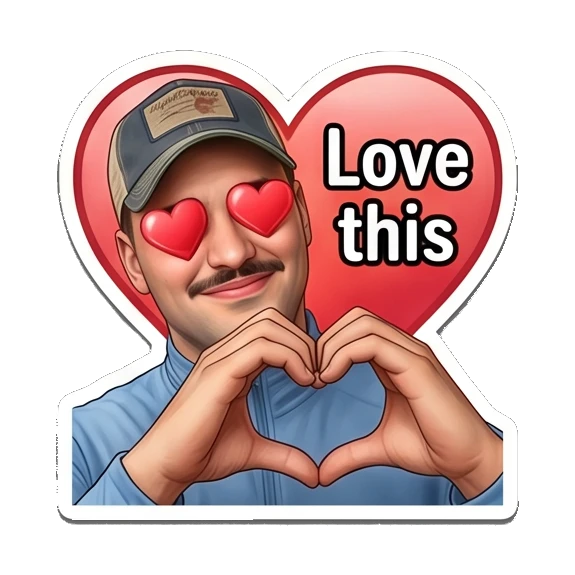 Man with mustache in cap making a heart shape with hands Mustache Guy Daily Vibes sticker for expressive chats and social replies.