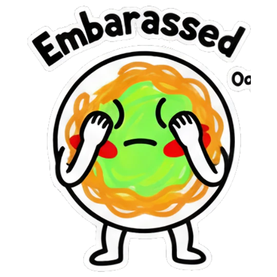 Noodle character covering eyes in embarrassment with Oops text Noodle Buddy Vibes sticker for expressive chats and social replies.