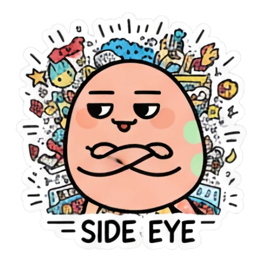 Doodle egg giving a skeptical side eye with arms crossed, text SIDE EYE Doodle Egg Adventures sticker for expressive chats and social replies.
