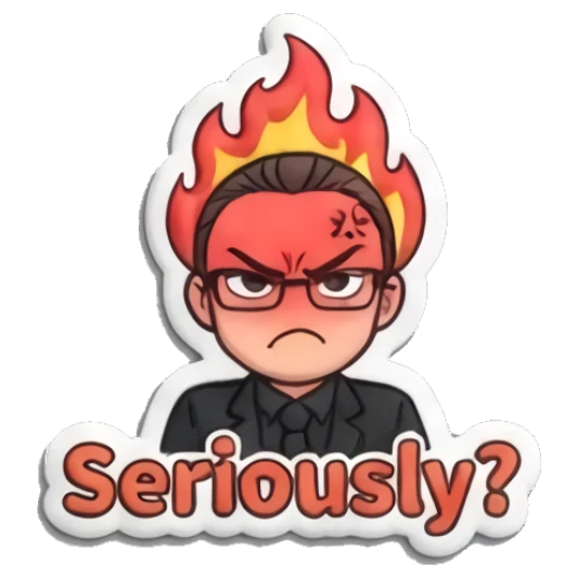 Angry man with a flaming head saying 'Seriously?' Professional Suit Guy sticker for expressive chats and social replies.