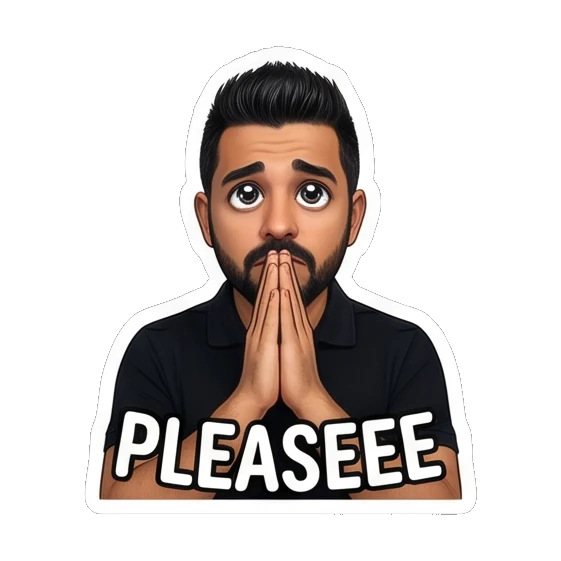 Man praying with pleading eyes, text PLEASEEE Modern Man Daily Vibes sticker for expressive chats and social replies.