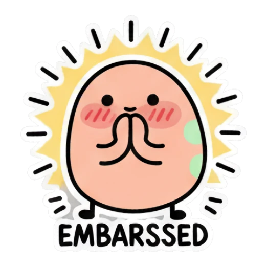 Pink egg character blushing with hands together, text EMBARASSED Little Pink Egg Adventures sticker for expressive chats and social replies.