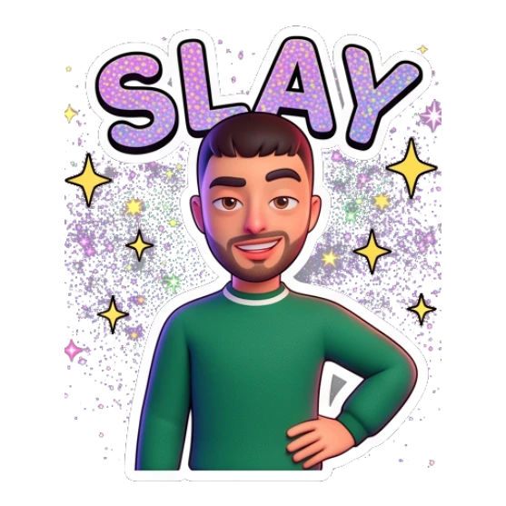 Guy posing confidently with Slay text and sparkles Cheerful Guy Daily Vibes sticker for expressive chats and social replies.