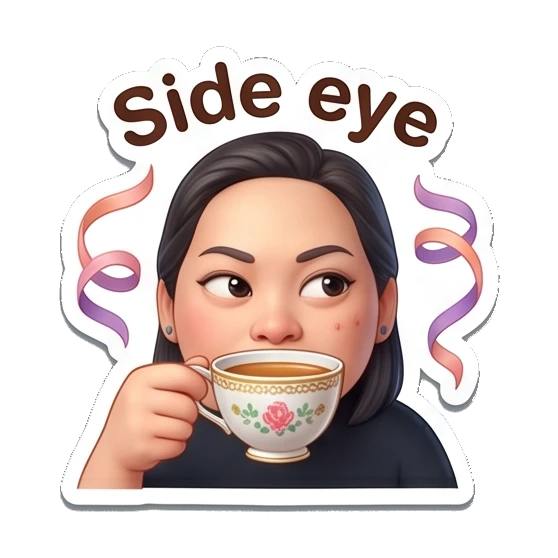 Woman giving side eye with coffee cup, text Side eye Coffee Lover Daily Expressions sticker for expressive chats and social replies.