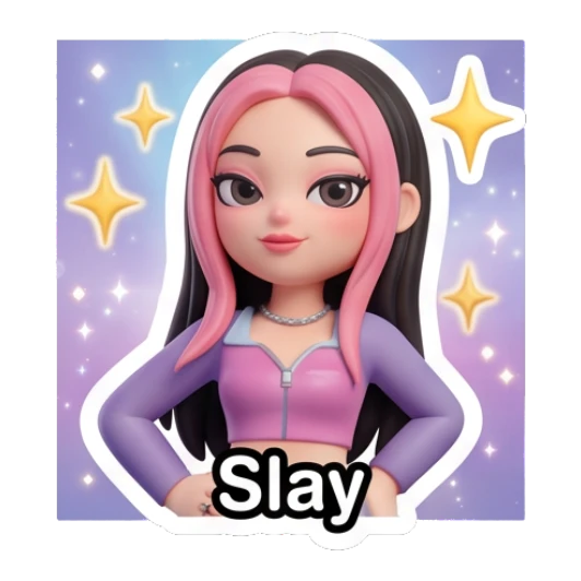 Confident girl posing with sparkles and text Slay Pink-Haired Trendy Girl sticker for expressive chats and social replies.