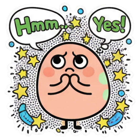 Thinking egg character with 'Hmm' and 'Yes!' bubbles. Keith Haring Style Egg Expressions sticker for expressive chats and social replies.