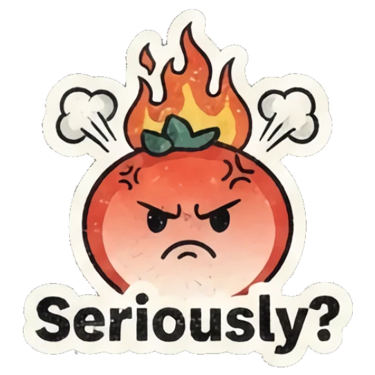 Angry tomato character with flames on head and text Seriously? Retro Tomato Moods sticker for expressive chats and social replies.