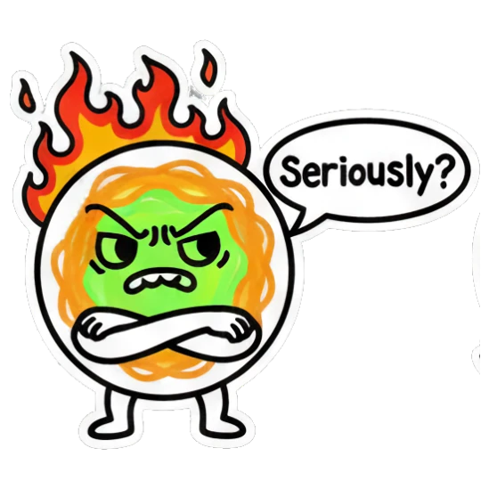 Noodle character angry with fire on head and text 'Seriously?' Scribble Noodle Pals sticker for expressive chats and social replies.