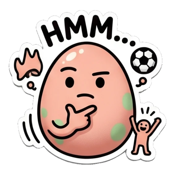 Thoughtful spotted egg touching chin, 'Hmm...' text. Spotted Egg Adventures sticker for expressive chats and social replies.