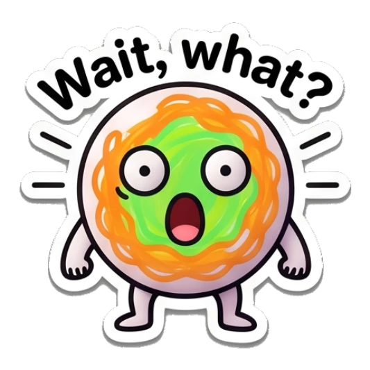 Citrus character looking surprised with mouth open and text Wait, what? Citrus Buddy Adventures sticker for expressive chats and social replies.
