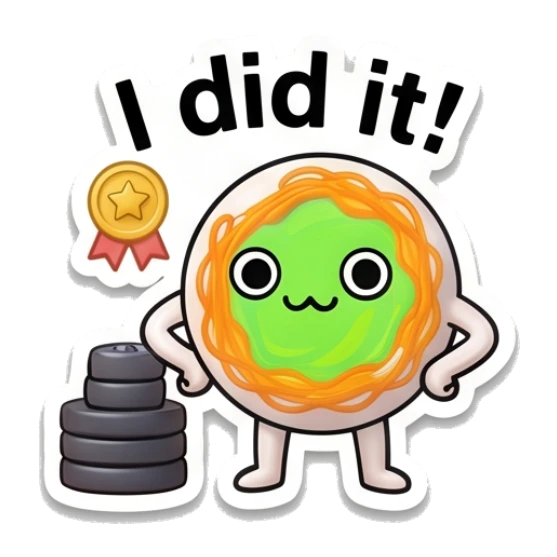 Proud noodle character standing next to weights with a gold medal and text I did it! Gym Noodle Buddies sticker for expressive chats and social replies.