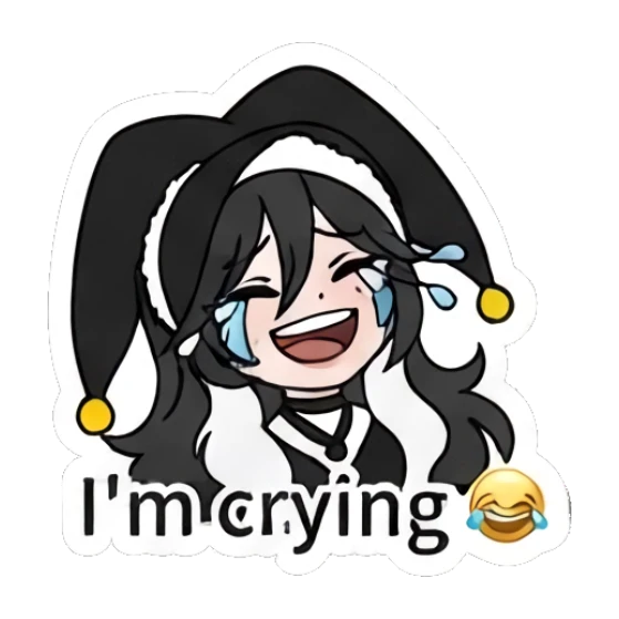 Jester girl laughing with tears and 'I'm crying' text Jester Girl Daily Moods sticker for expressive chats and social replies.