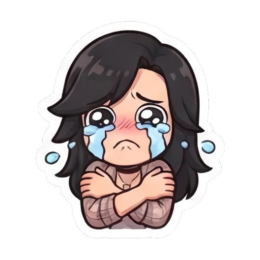 Girl with glasses crying and hugging herself Chibi Girl Daily Life sticker for expressive chats and social replies.