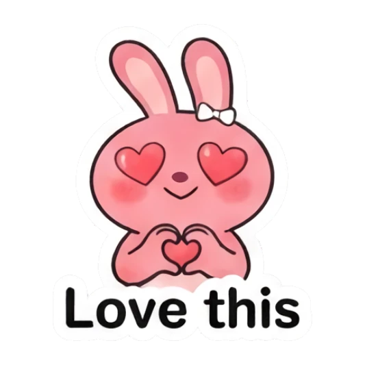 Loving pink bunny with heart eyes and heart hands Pink Bunny Moods sticker for expressive chats and social replies.