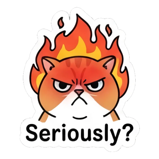 Angry ginger cat with flames behind head and 'Seriously?' text. Ginger Cat Daily Vibes sticker for expressive chats and social replies.