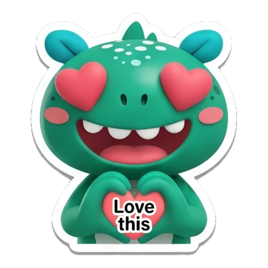 Teal dino holding a heart with love eyes and Love this text. Teal Dino Daily Moods sticker for expressive chats and social replies.