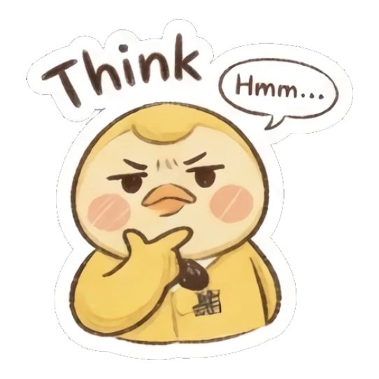 Pensive yellow chick touching chin while thinking with text Think. Fluffy Yellow Chick Daily sticker for expressive chats and social replies.