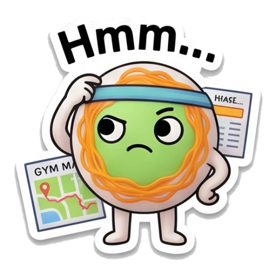 Confused noodle character holding a gym map with text Hmm... Gym Noodle Buddies sticker for expressive chats and social replies.