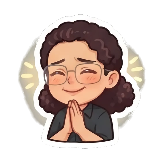Curly-haired man with glasses smiling warmly with hands pressed together. Curly Haired Guy Expressions sticker for expressive chats and social replies.