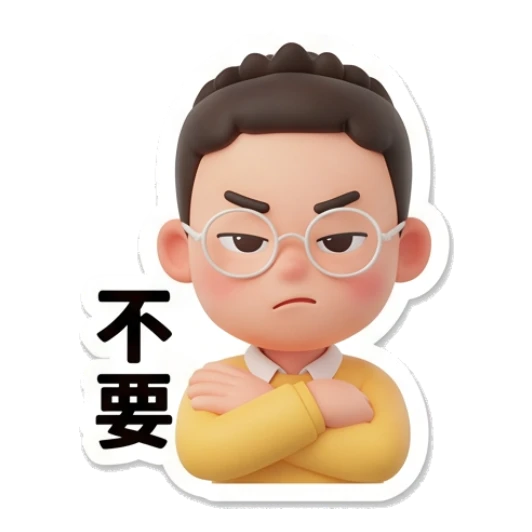 Boy with glasses looking stern and refusing with crossed arms. Cheerful Glasses Boy Daily sticker for expressive chats and social replies.
