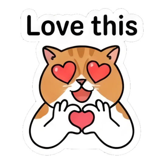 Loving ginger cat with heart eyes and 'Love this' text. Ginger Cat Daily Vibes sticker for expressive chats and social replies.