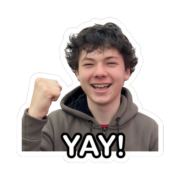 Teen boy pumping fist in air, excited, text YAY! Teen Boy Daily Expressions sticker for expressive chats and social replies.