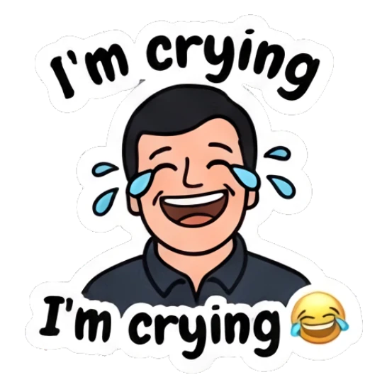 Man laughing with tears of joy saying I'm crying. Everyday Office Guy sticker for expressive chats and social replies.