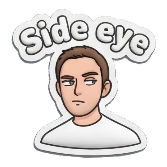 Man giving a skeptical side eye with text Side eye Everyday Guy Expressions sticker for expressive chats and social replies.