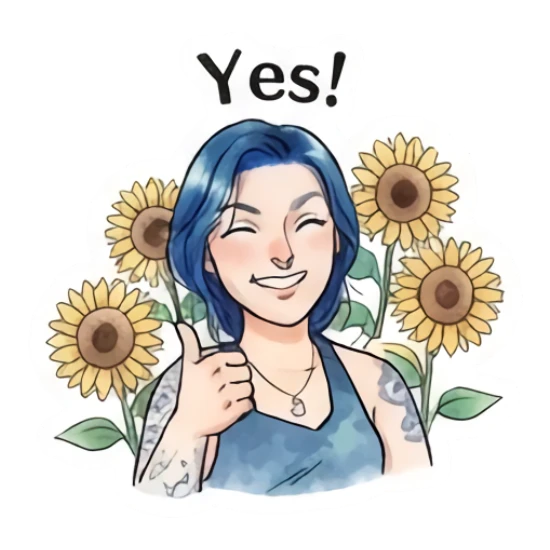 Blue-haired girl giving a thumbs up with sunflowers, text 'Yes!' Blue-Haired Artist Daily sticker for expressive chats and social replies.