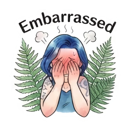 Blue-haired girl covering face in embarrassment, text 'Embarrassed' Blue-Haired Artist Daily sticker for expressive chats and social replies.