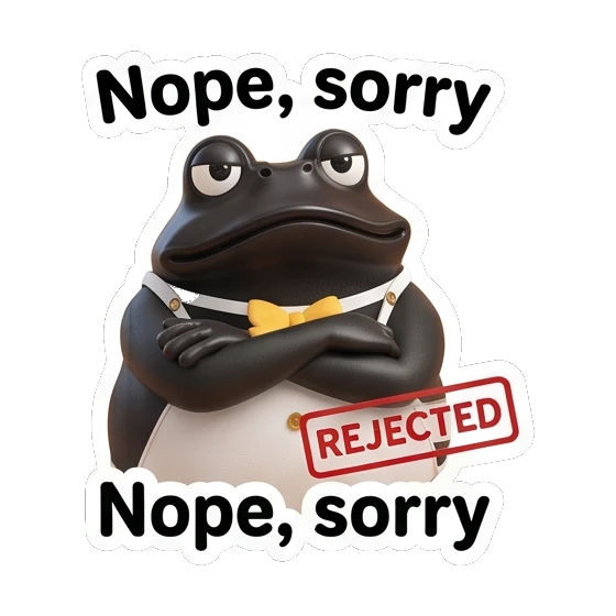 Frog with crossed arms looking stern, text Nope, sorry Fancy Frog Sports Club sticker for expressive chats and social replies.
