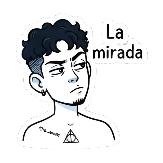 Skeptical boy looking sideways with 'La mirada' text. Curly Haired Boy Daily Vibes sticker for expressive chats and social replies.