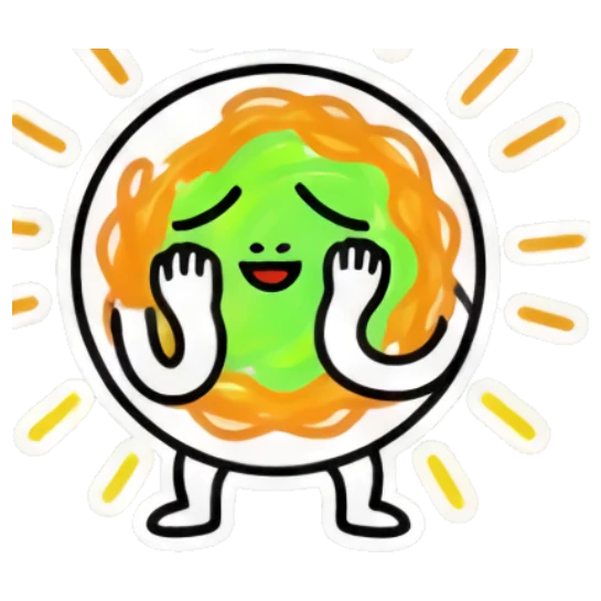 Content noodle character with closed eyes and glowing aura. Spicy Noodle Moods sticker for expressive chats and social replies.