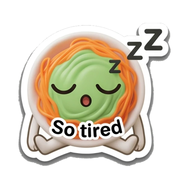 Spaghetti bowl sleeping with Zzz and 'So tired' text, exhausted. Spaghetti Moods sticker for expressive chats and social replies.