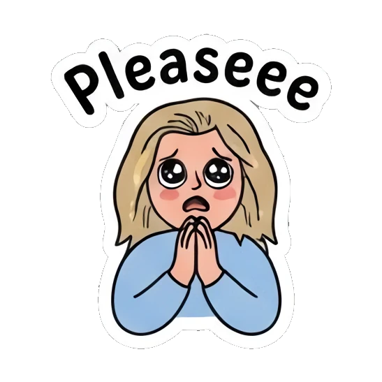 Pleading girl with big puppy eyes, saying Pleaseee Festival Boho Girl sticker for expressive chats and social replies.