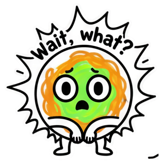 Noodle character looking shocked with 'Wait, what?' text Noodle Doodle Pals sticker for expressive chats and social replies.