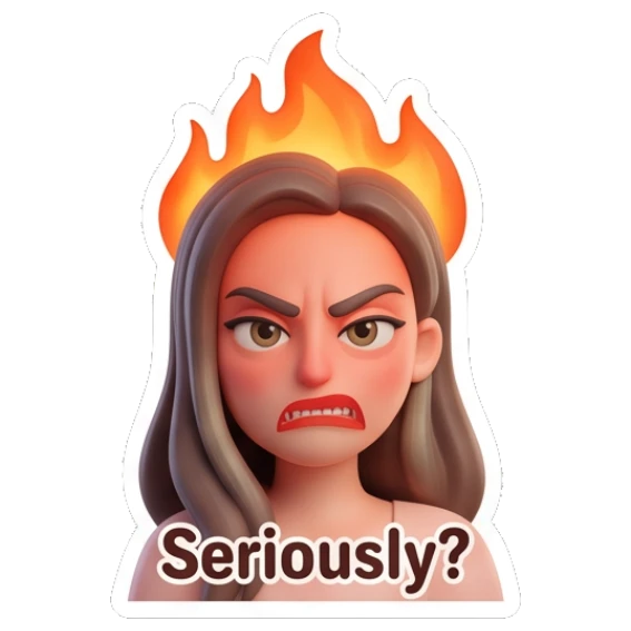 Girl looking angry with fire above her head Cheerful 3D Girl Expressions sticker for expressive chats and social replies.