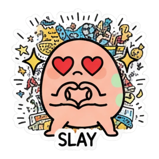 Doodle egg making a heart shape with hands and heart eyes, text SLAY Doodle Egg Adventures sticker for expressive chats and social replies.