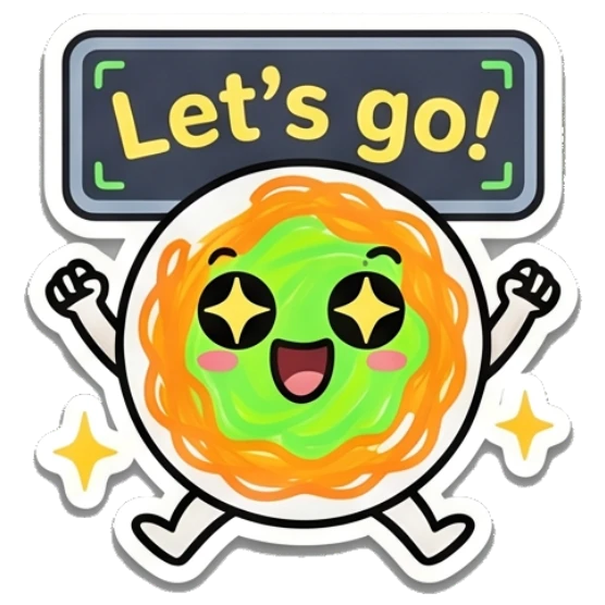 Excited spaghetti character with star eyes and 'Let's go!' text. Spaghetti Buddy Expressions sticker for expressive chats and social replies.