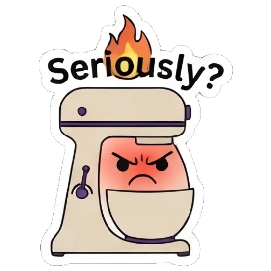 Mixer looking angry with a fire icon Kitchen Mixer Moods sticker for expressive chats and social replies.
