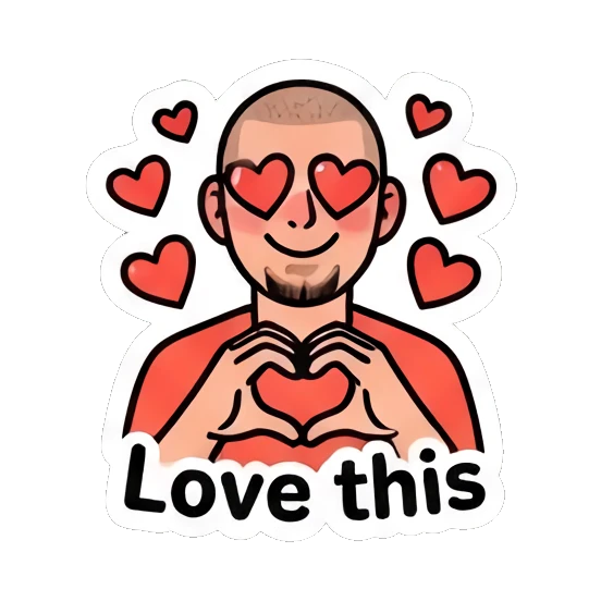 Loving buzz-cut man making a heart shape with hands, text Love this. Buzz Cut Guy Daily Vibes sticker for expressive chats and social replies.