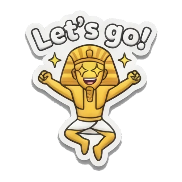Excited pharaoh jumping with joy and Let's go text Golden Pharaoh Vibes sticker for expressive chats and social replies.